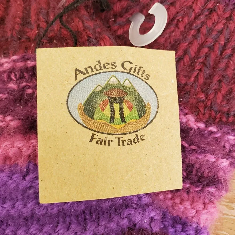 ANDES GIFTS Fingerless Gloves Red Pink Purple Striped Knit Handmade Alpaca Blend